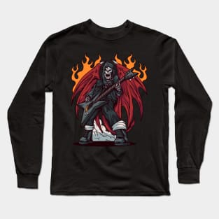 Heavy Metal Guitar Player | Red Winged Skull Fire & Smoke Long Sleeve T-Shirt